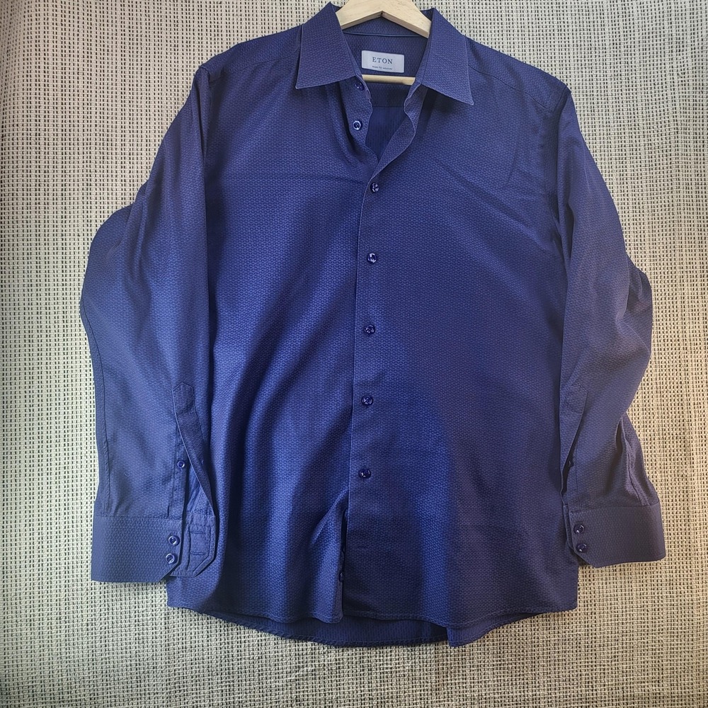 Eton Shirt Mens Large Blue Geometric Pattern Dress Long Sleeve Button Up